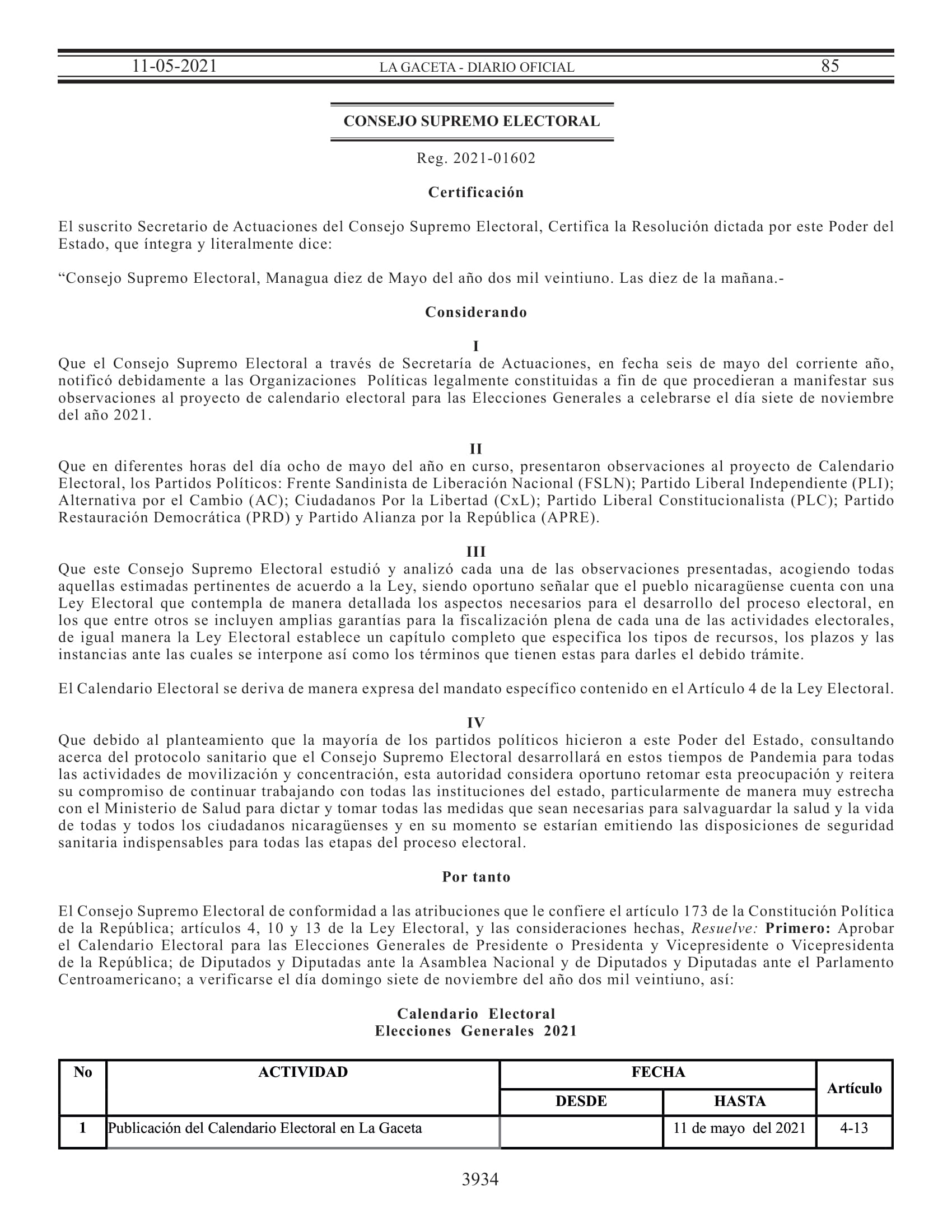 Calendario Electoral Elecciones Generales 2021 Nicaragua